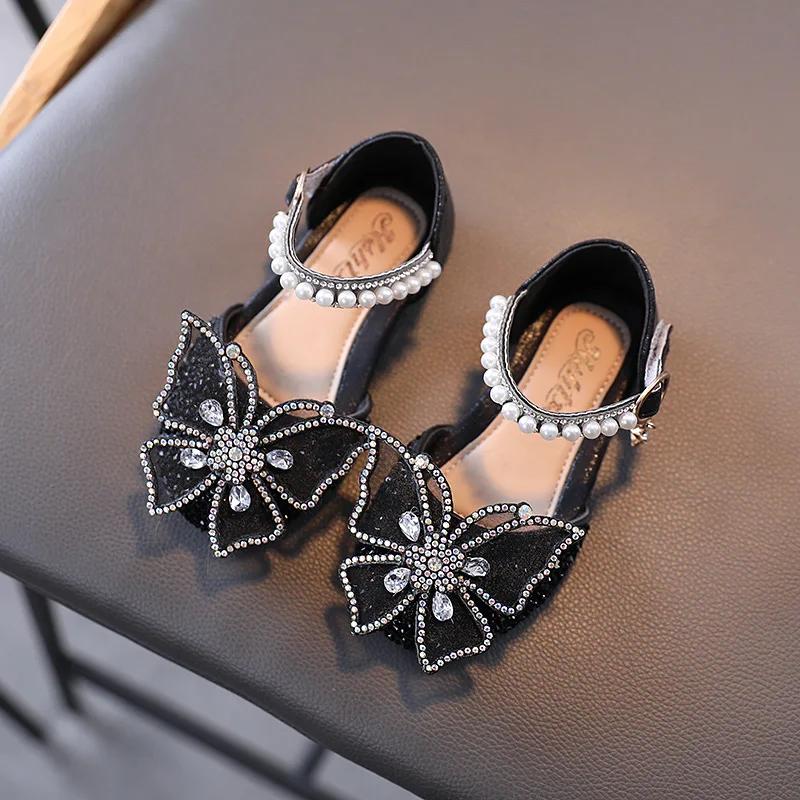 Sandales d'été pour filles, chaussures de princesse à paillettes et nœud en strass, chaussures à tal