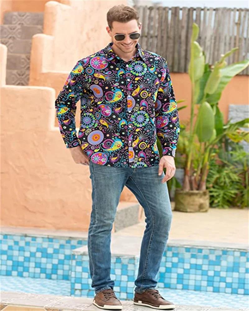 Chemises Disco à la mode pour hommes des années 70, chemises décontractées, florales, Vintage, manch