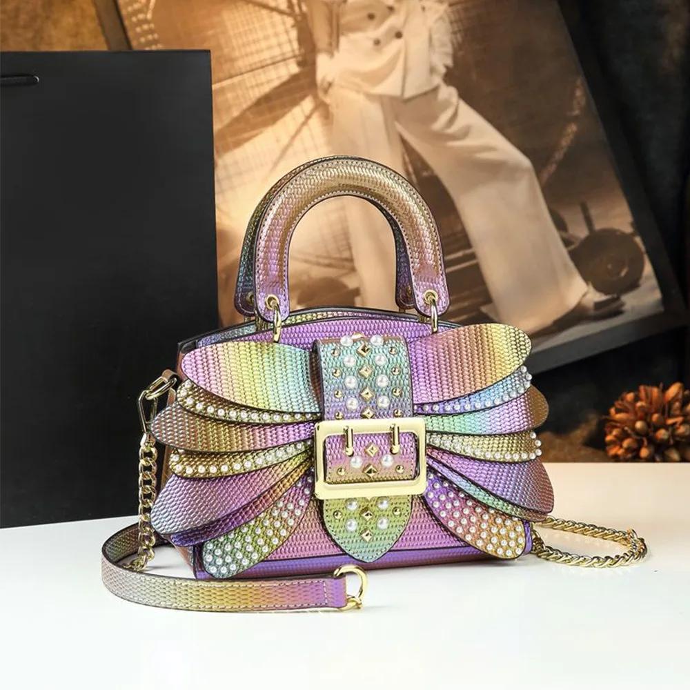 Nouveau Sac à Main Femme 2026 en Cuir Véritable avec Rivets Perlés, Sac Tendance et Polyvalent, Mini