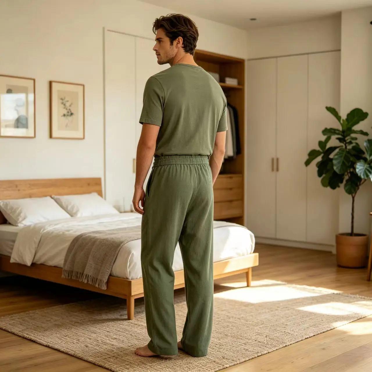 Pantalon décontracté vintage pour homme en mélange de lin à taille haute et jambe large, doux et res