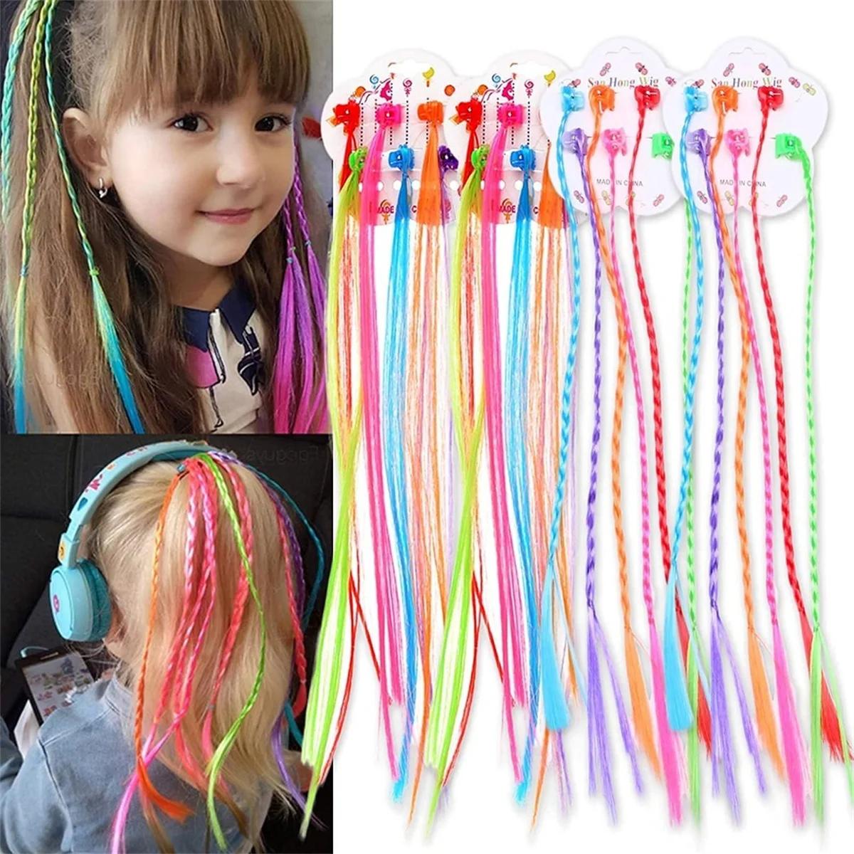 Extensions de cheveux tressés colorés pour filles, pinces à cheveux, queue de cheval tressée arc-en-