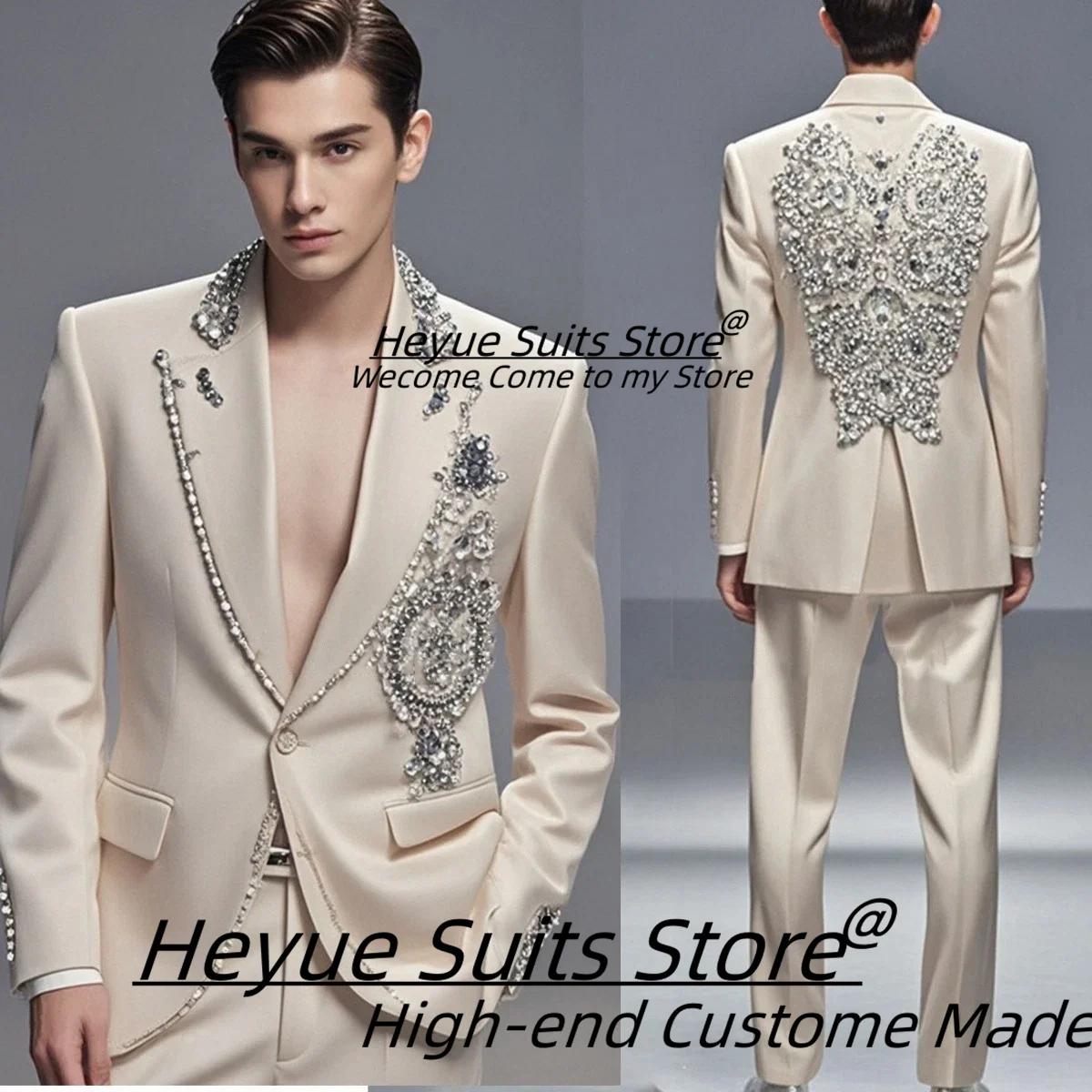 Costumes haut de gamme pour hommes, perles de strass brillantes, personnalisés, coupe cintrée, rever