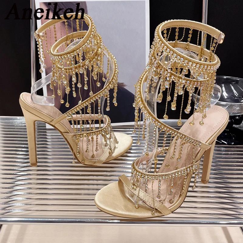 Aneikeh 2026 mode Sexy strass chaîne perle bride à la cheville talons hauts femmes été soie bout ron
