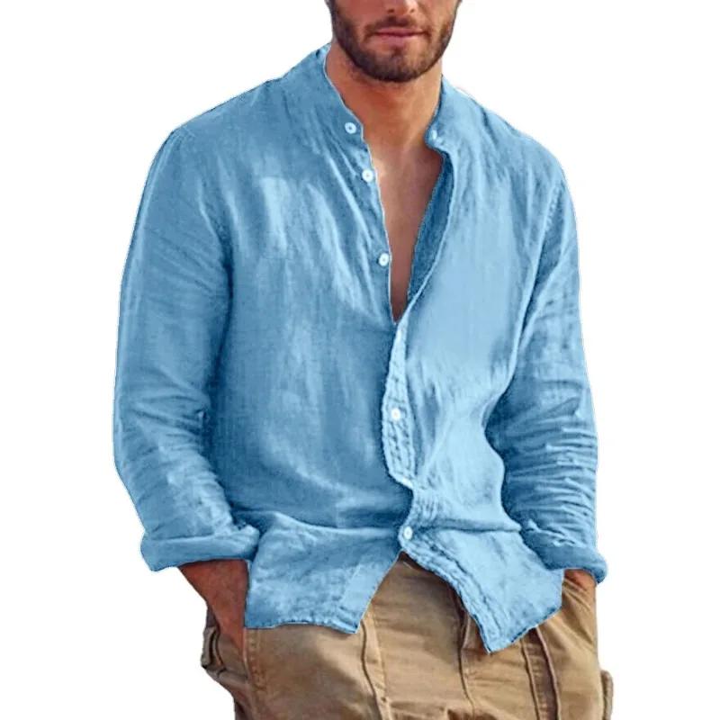 Sweat-shirt à manches longues pour hommes, chemise en lin de couleur unie, tendance, col montant, dé