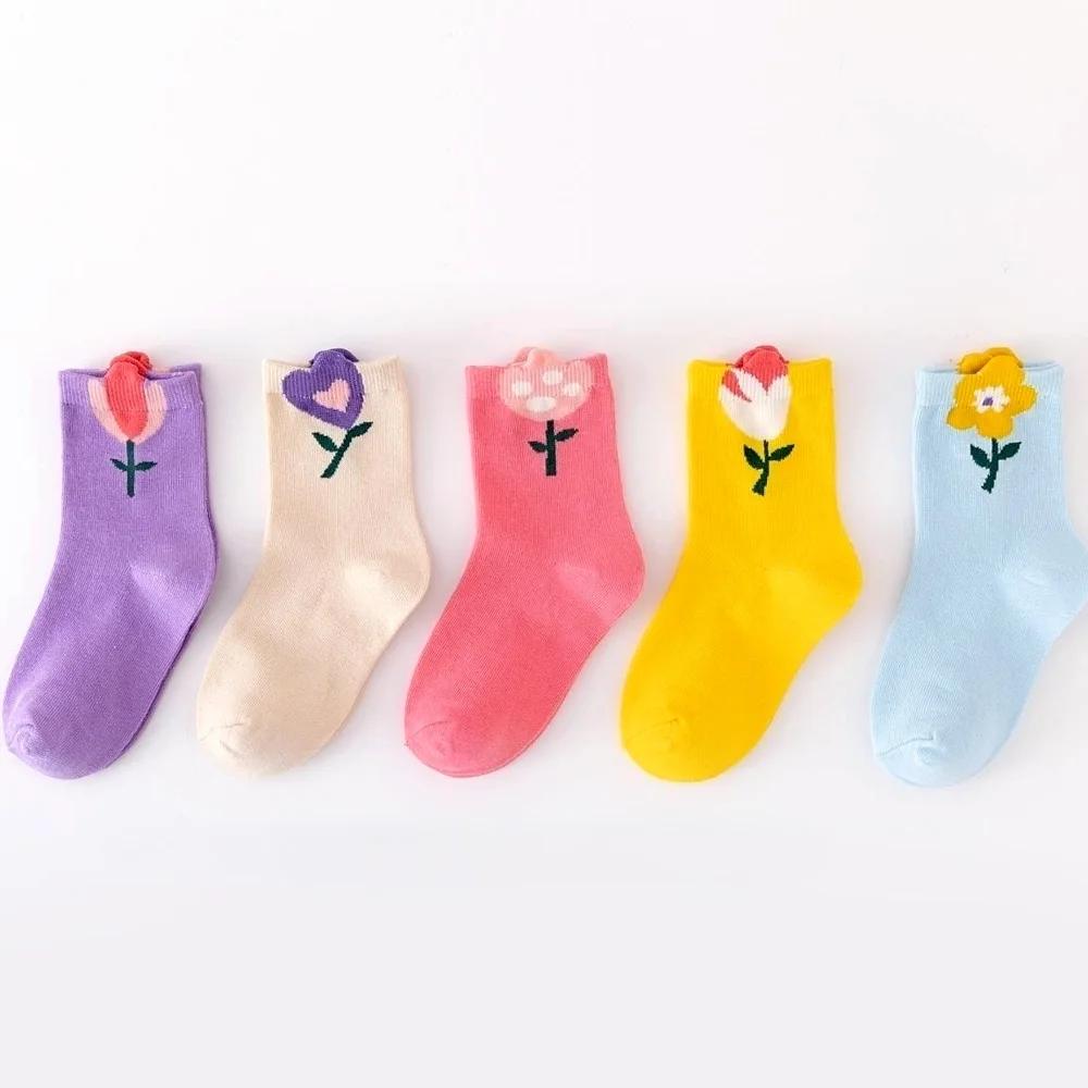 5 paires de chaussettes pour filles, motif de fleurs de dessin animé mignon, chaussettes confortable