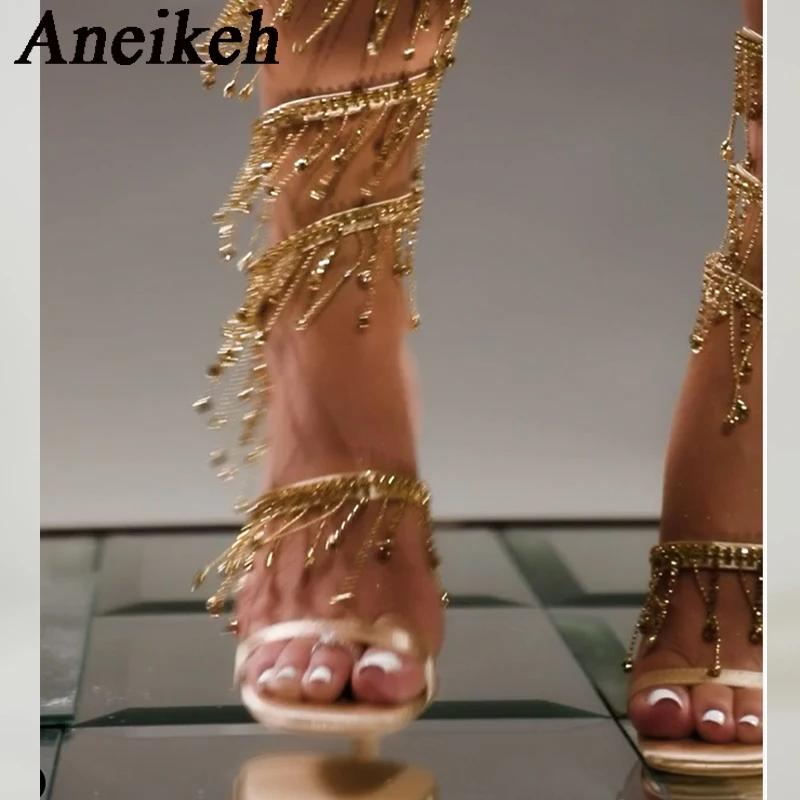 Aneikeh 2026 mode Sexy strass chaîne perle bride à la cheville talons hauts femmes été soie bout ron