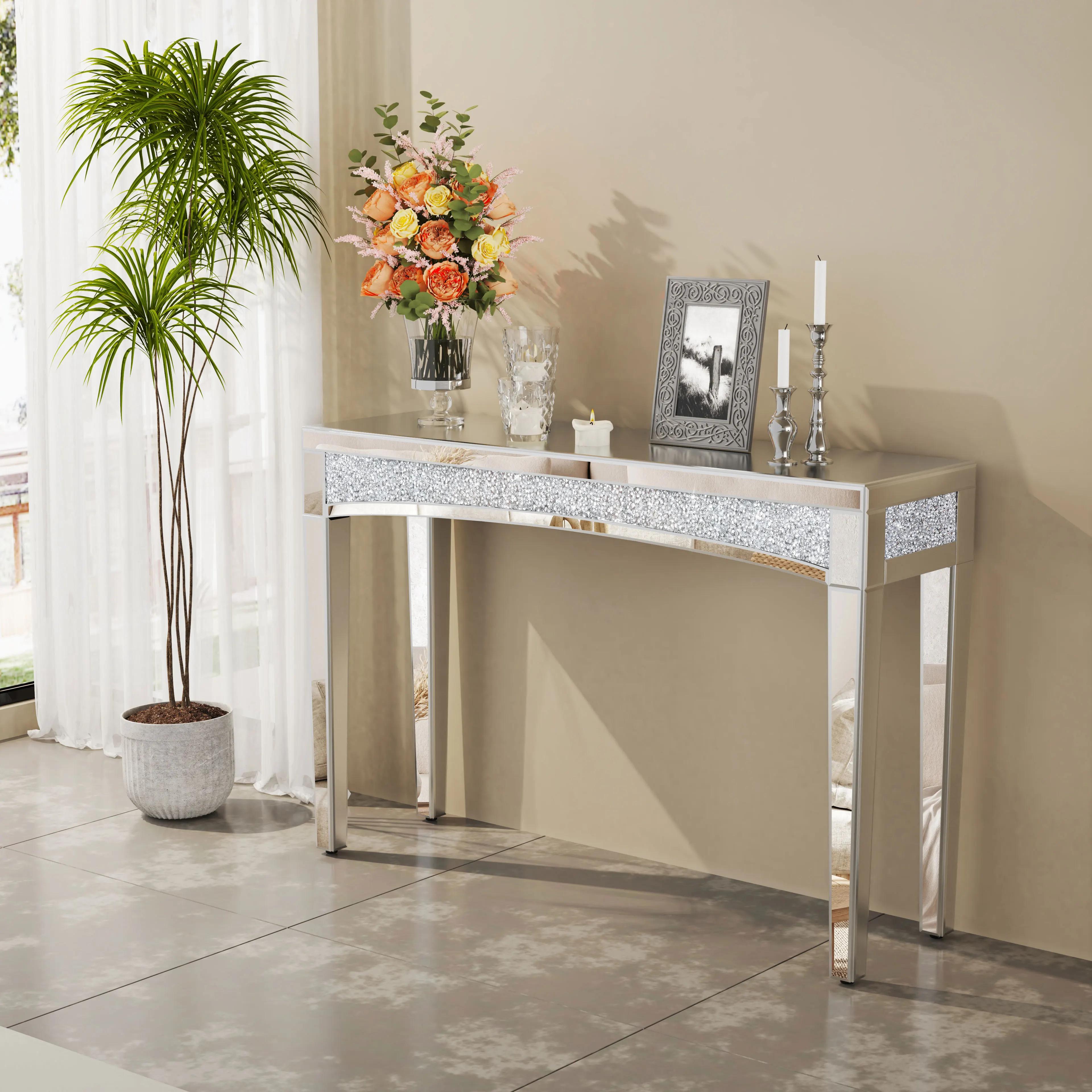 Table console miroir argentée avec incrustation de cristal, bureau, canapé, salon, entrée, foyer, 47