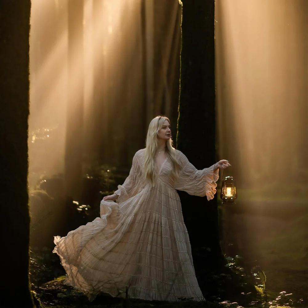 Robe longue bohème en tulle moelleux pour séance photo, robe de grossesse, manches longues, col en V