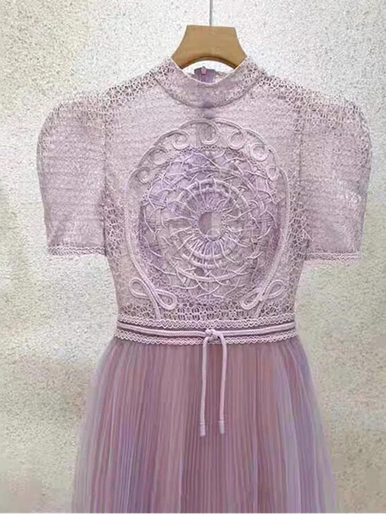 SMTHMA-Robe longue en maille brodée pour femme, col rond, manches courtes, patchwork, robes élégante