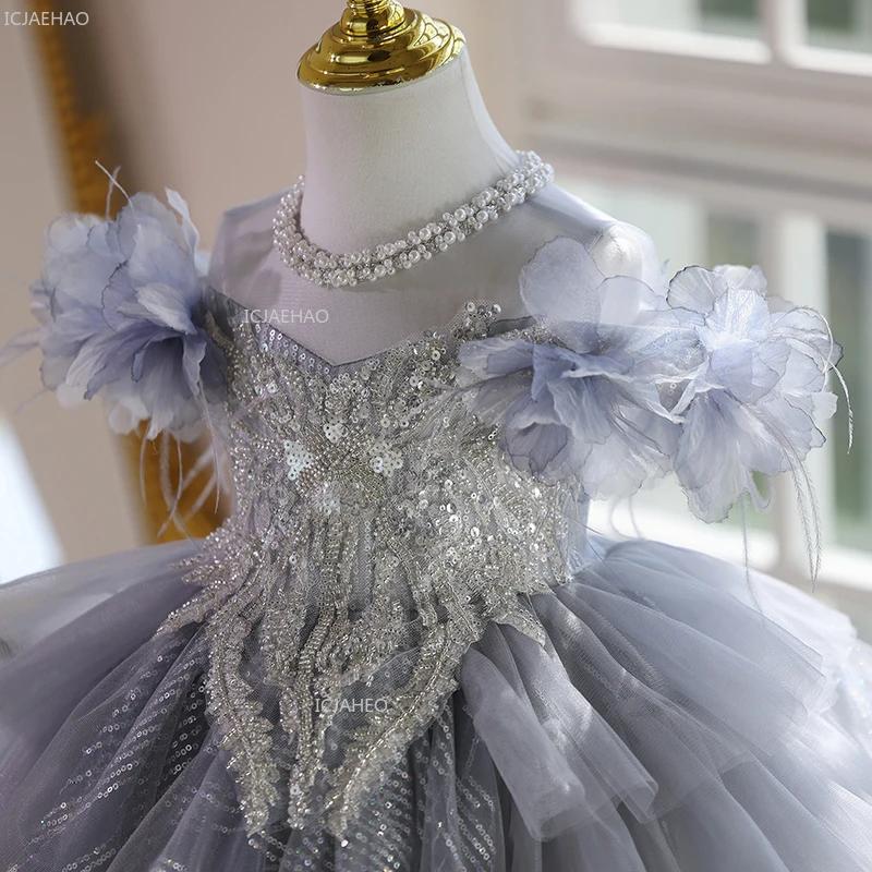 Robe de bal princesse grise pour filles, robe de fête d'anniversaire pour enfants, hôte de spectacle