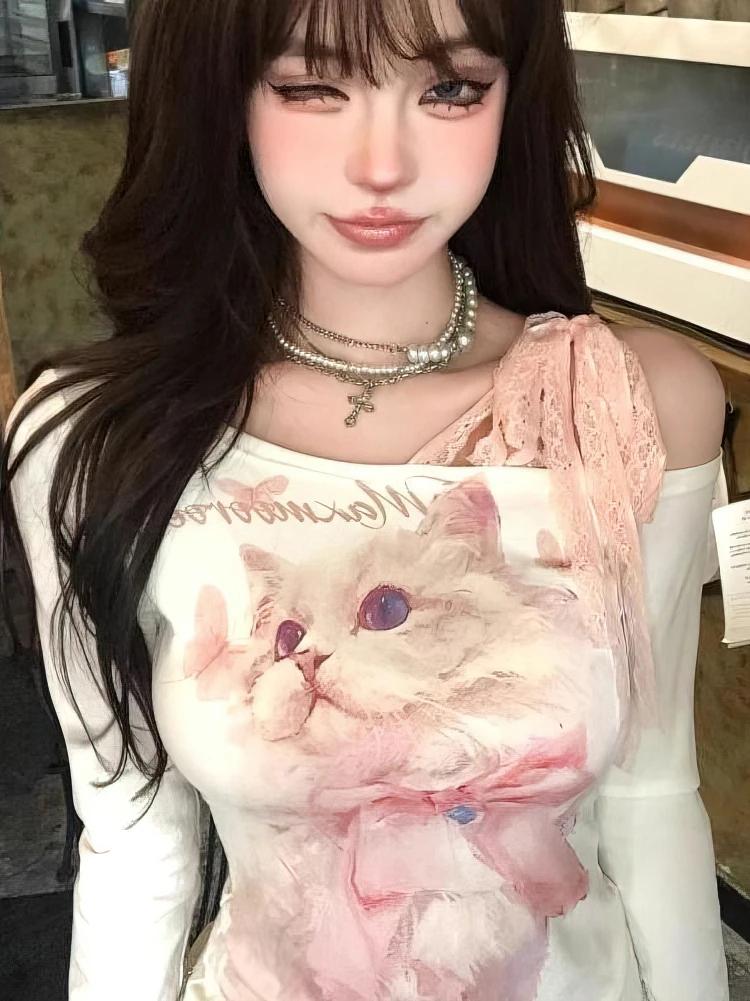 Y2k chat imprimé blanc épaules dénudées à manches longues t-shirt femmes avant rose dentelle nœud at