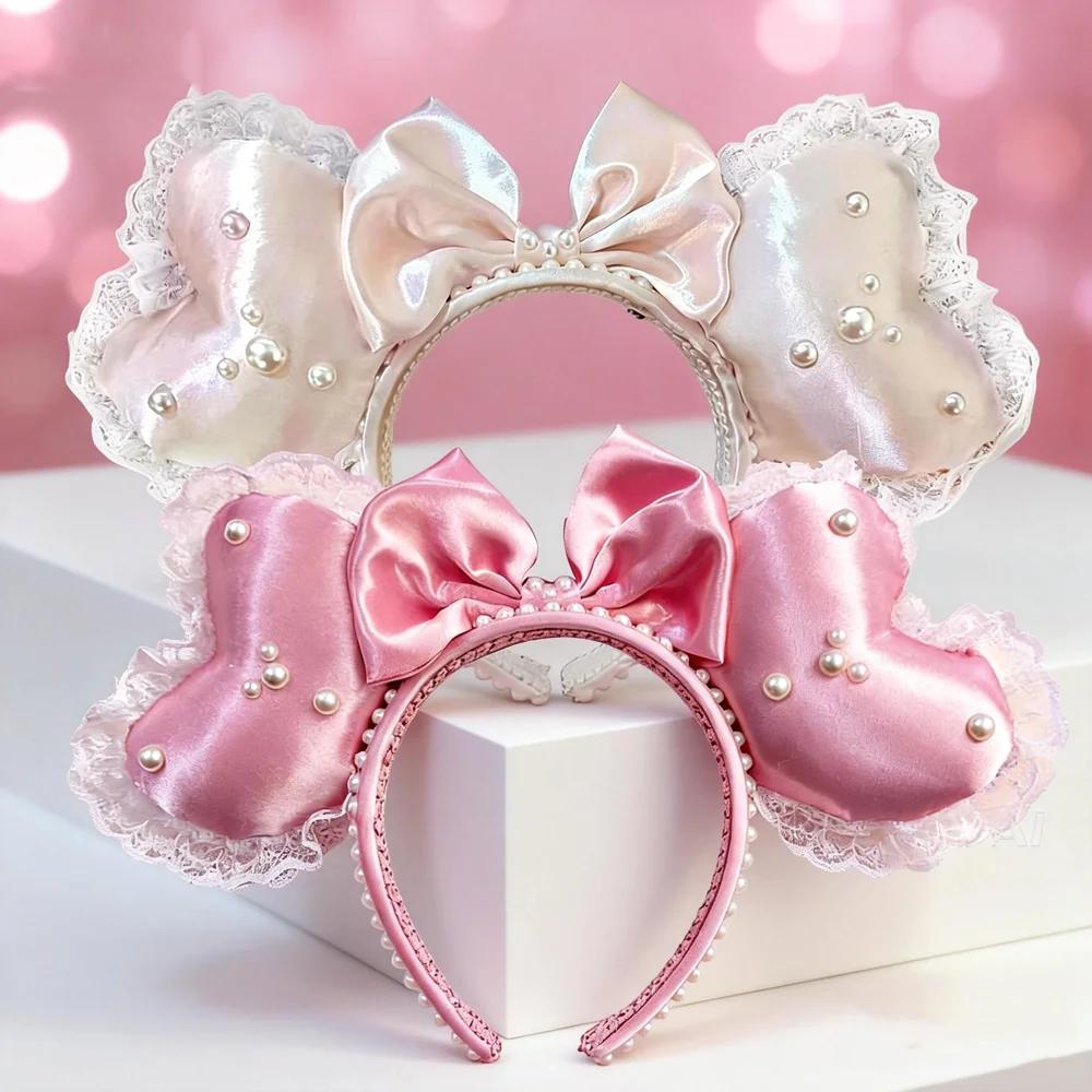 Perle coeur Mickey Mouse oreilles bandeaux dentelle arc bandeaux bandeau fête d'anniversaire Hallowe