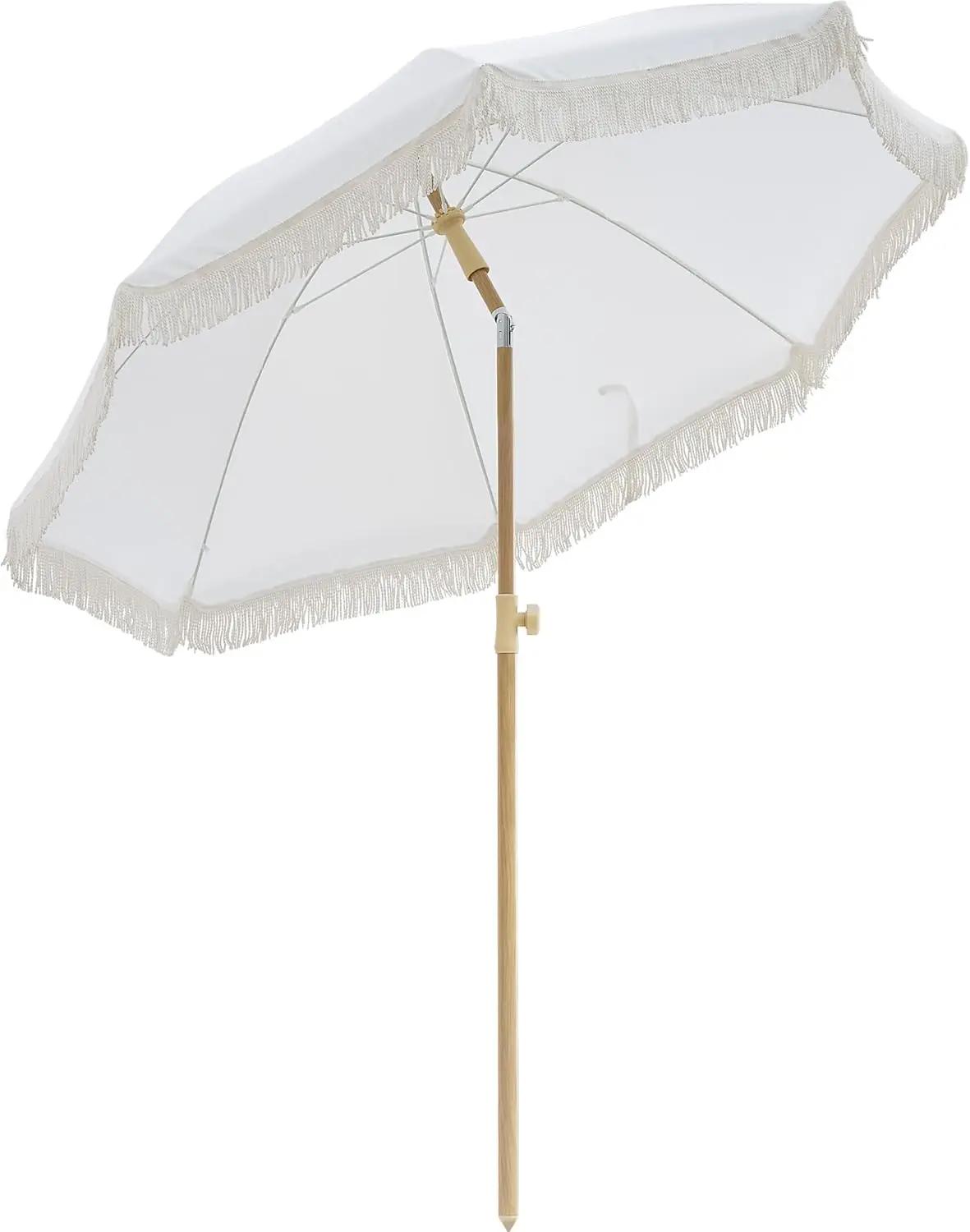 Parasol Bohème de 6,5 pieds avec franges, protection UPF50+, design inclinable pour la plage et les 