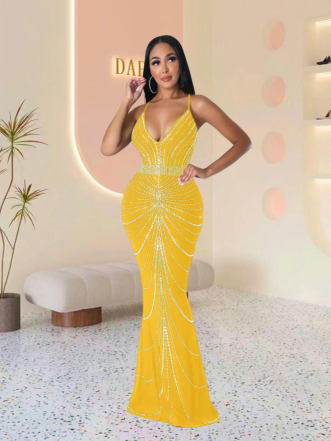 Robe de soirée longue pour femmes, paillettes, diamant chaud, bretelles de fête, dos qui fuit, sirèn