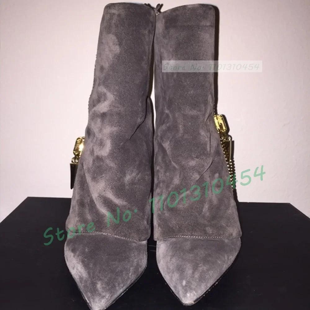 Bottines décoratives à fermeture éclair dorée pour femmes, chaussures élégantes à bout pointu, talon