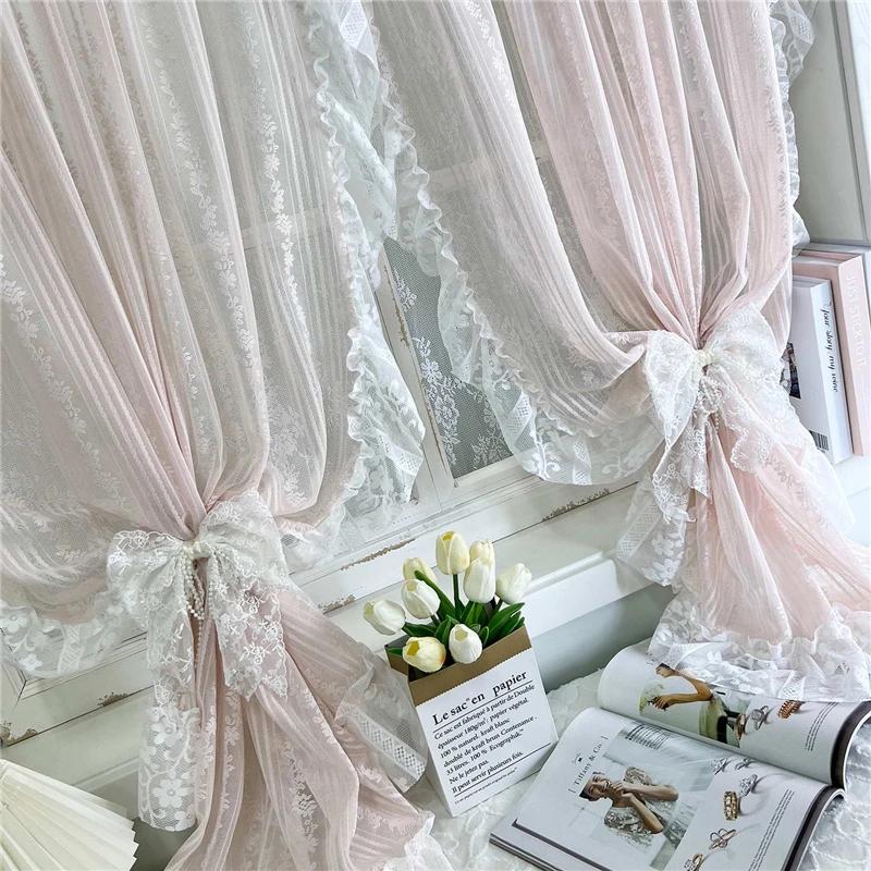 Rideau transparent en dentelle à fleurs rayées roses, romantique coréen, avec poche en dentelle à vo