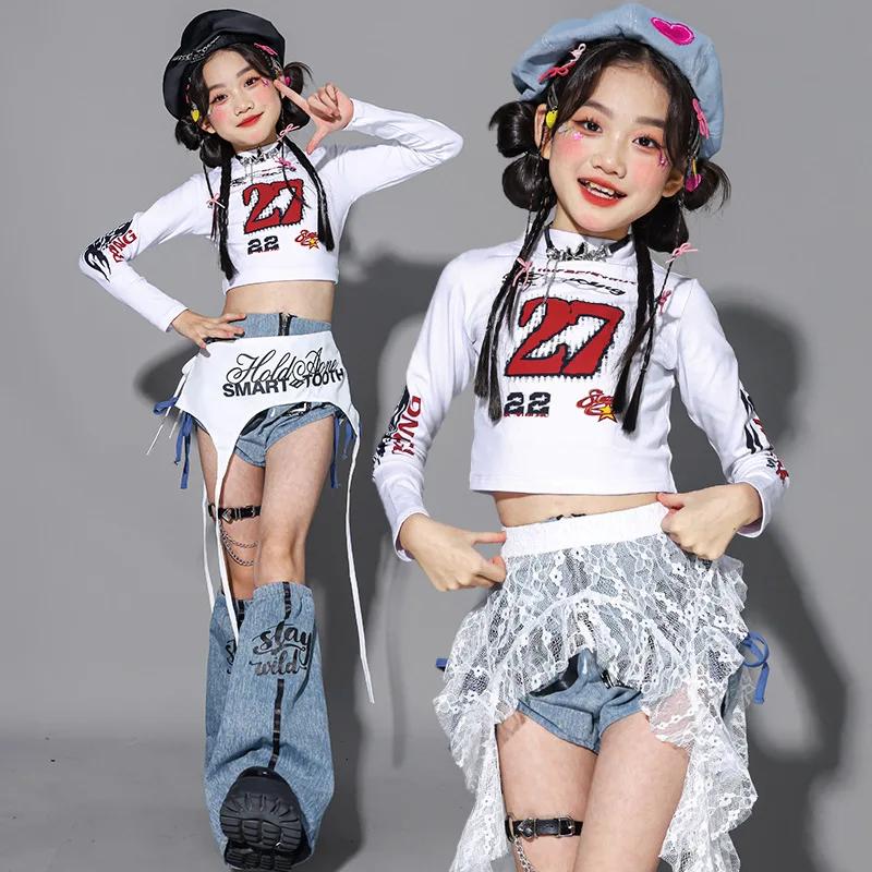 Vêtements de danse Kpop pour filles, tenue de spectacle de jazz sur scène, haut court blanc, short e