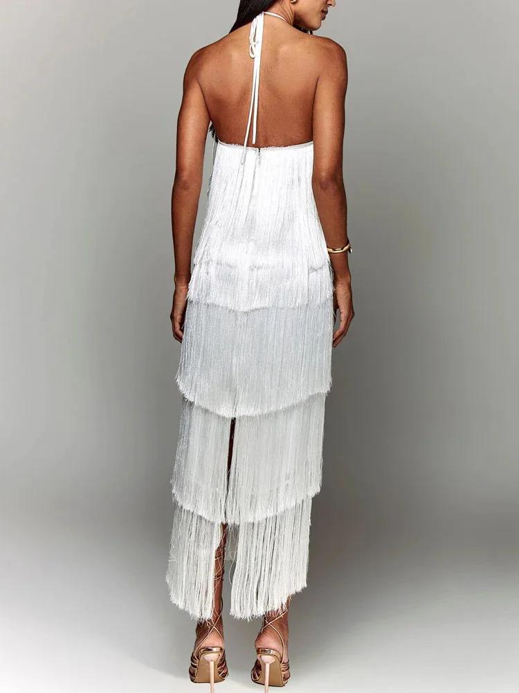 Robe maxi patchwork à pampilles pour femmes, robe de soirée à col licou en fibre, robe monochrome po
