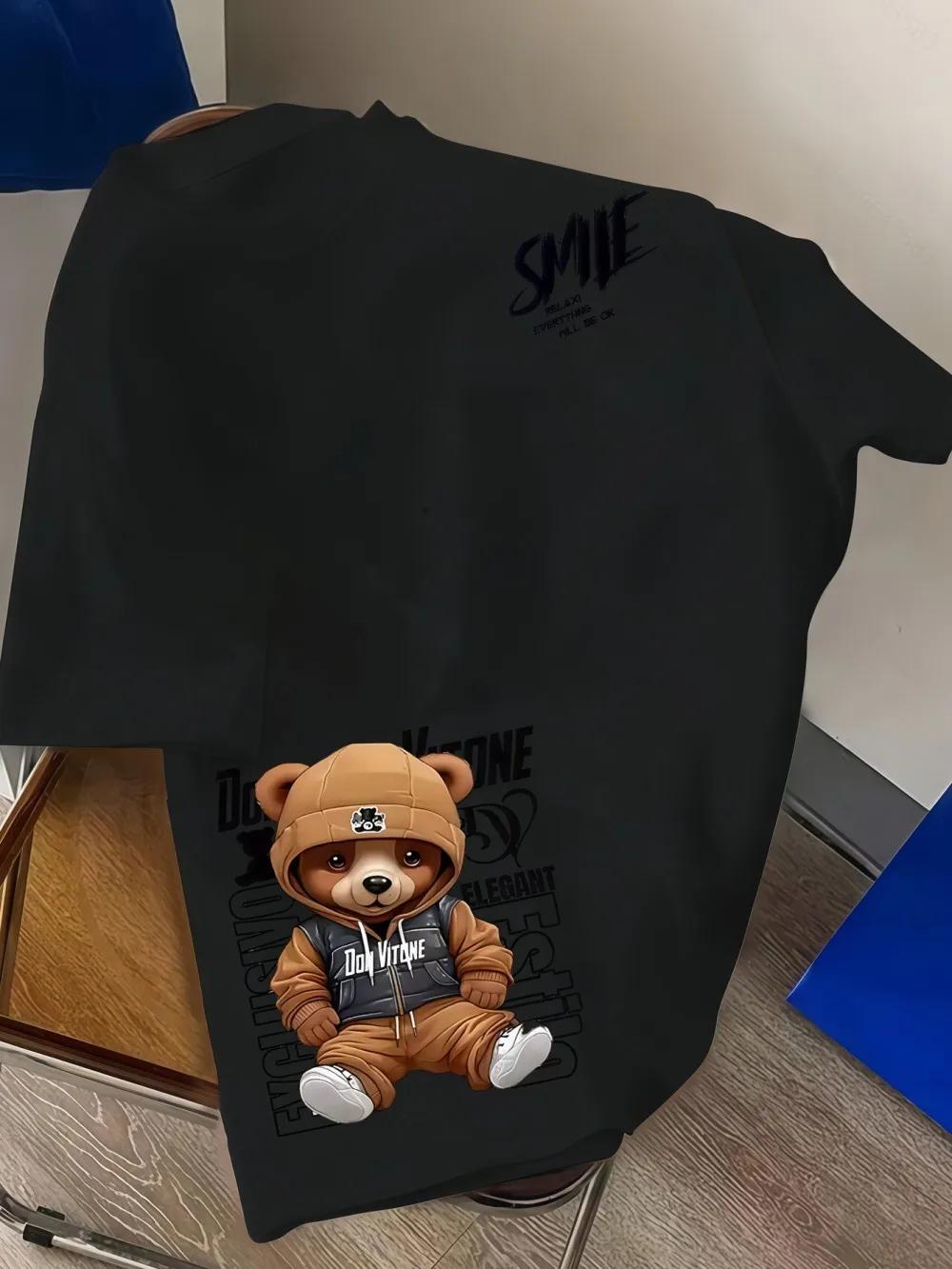 Nouveau T-shirt d'été pour hommes, style européen et américain, à col rond, imprimé motif ours et le