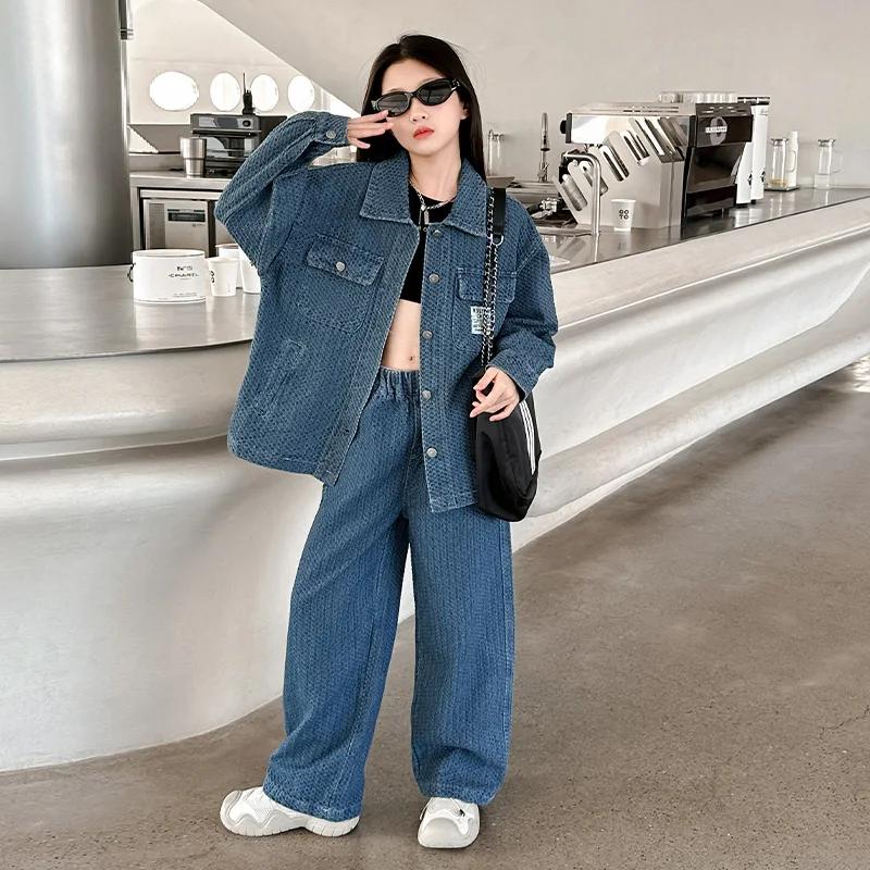 Ensemble veste et pantalon jacquard en denim pour filles, 2 pièces, design, jeans à jambes larges, c