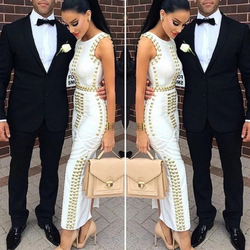 Style classique femmes sans manches col rond Sexy moulante pansement longue robe célébrité mode tapi