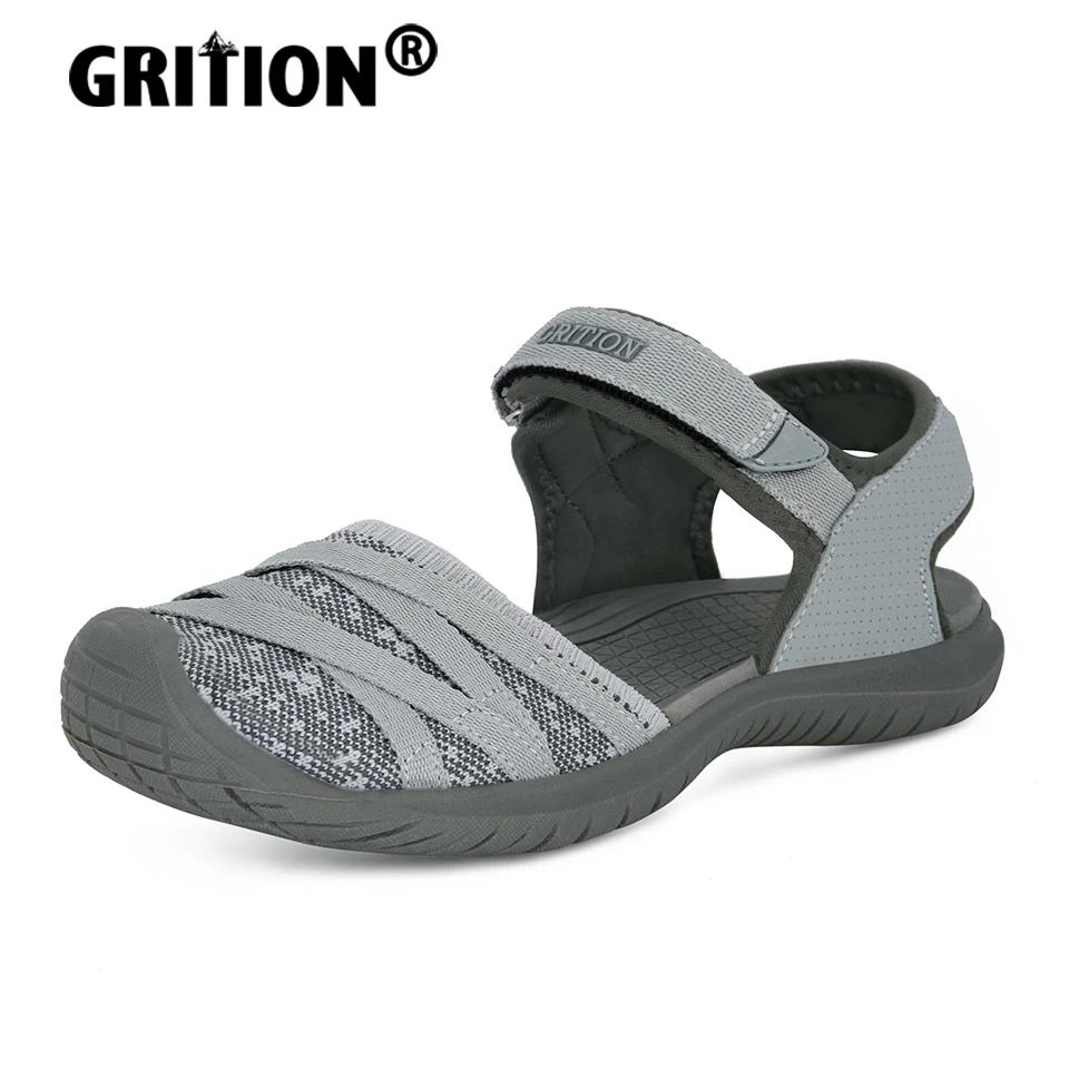 GRITION femmes sandales chaussures de plein air décontractées bout fermé talons plats tissu élastiqu