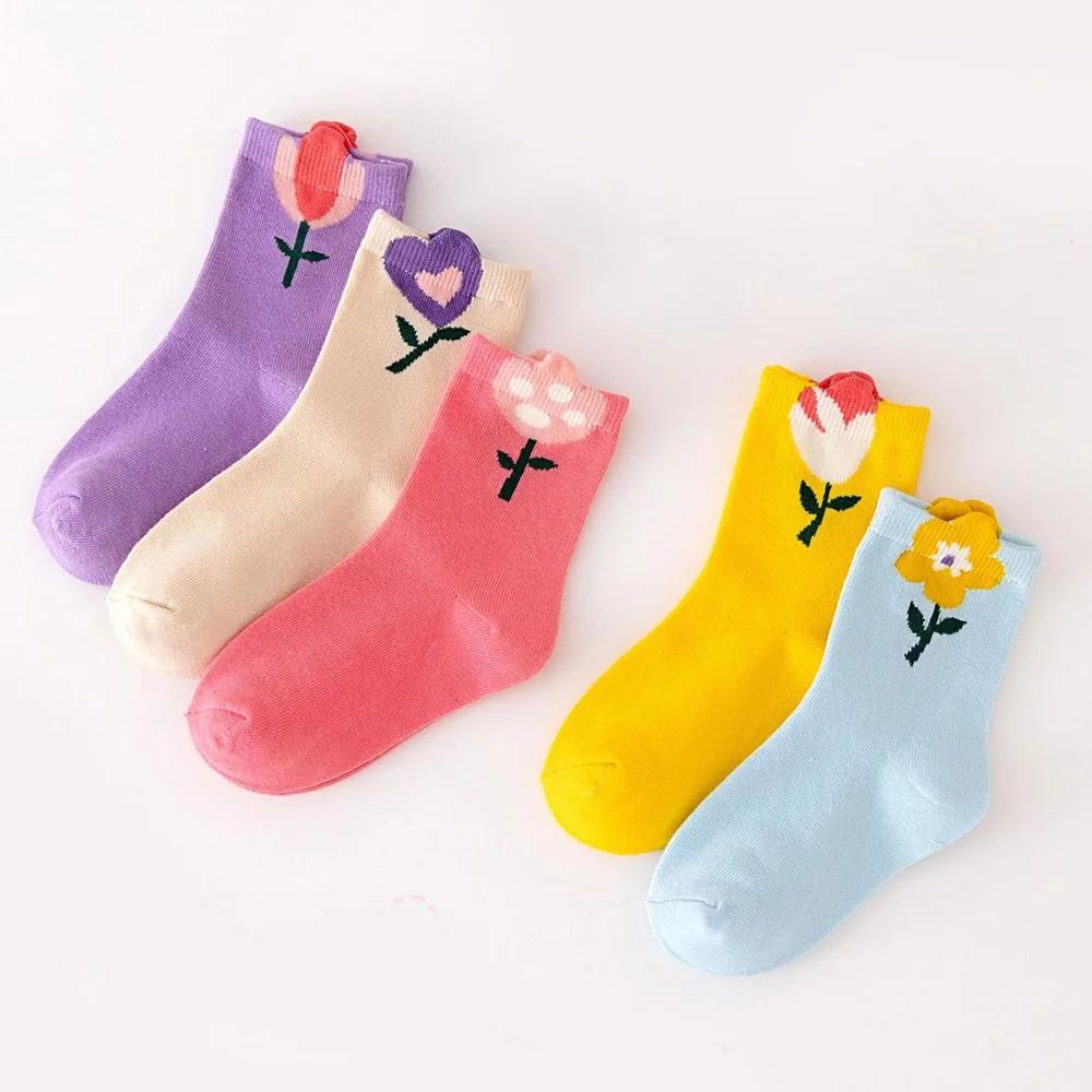 5 paires de chaussettes pour filles, motif de fleurs de dessin animé mignon, chaussettes confortable