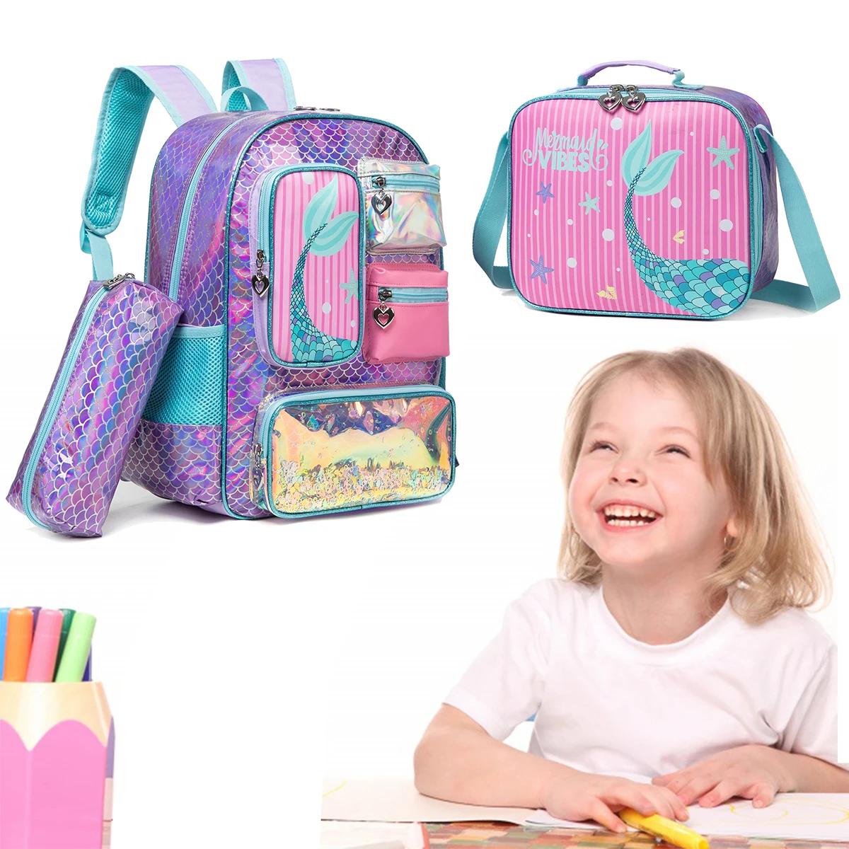Meetbelify-Sac à dos sirène pour filles, cartable pour filles, sac à lunch et sac à main pour élèves