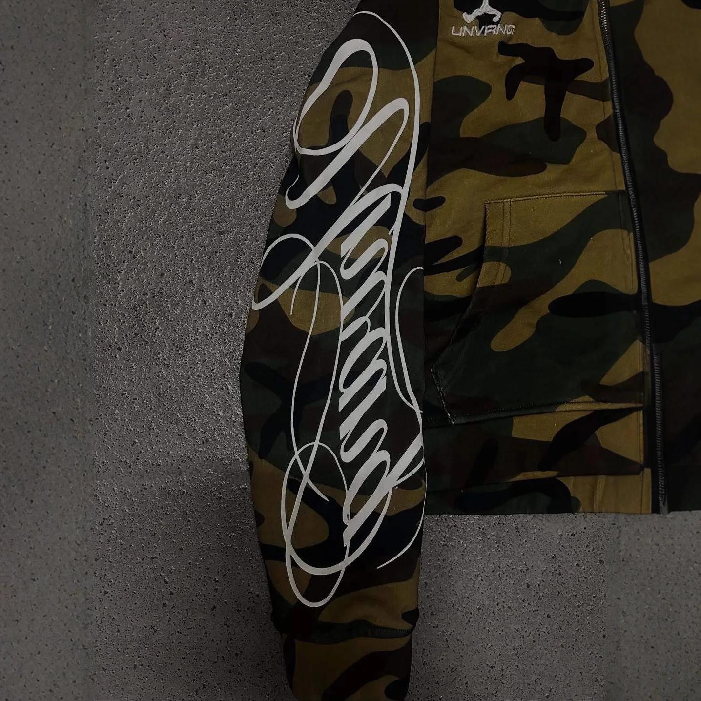 Sweat-shirt à capuche avec fermeture éclair pour hommes et femmes, mode streetwear, broderie camoufl