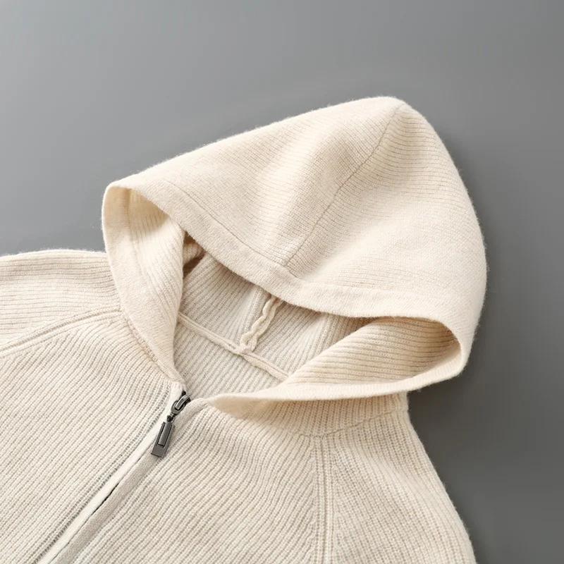 Cardigan à capuche classique pour hommes, tricoté avec aiguille Yuanbao, pull en laine australienne 