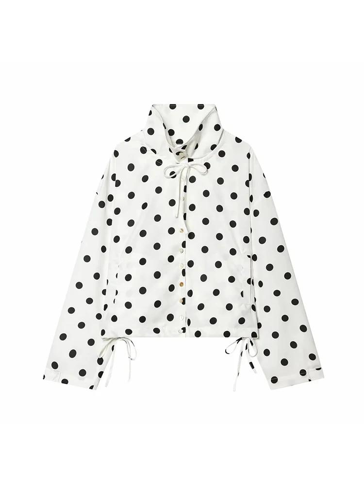Veste rose à pois à manches longues pour femme, manteau décontracté à col montant et simple boutonna