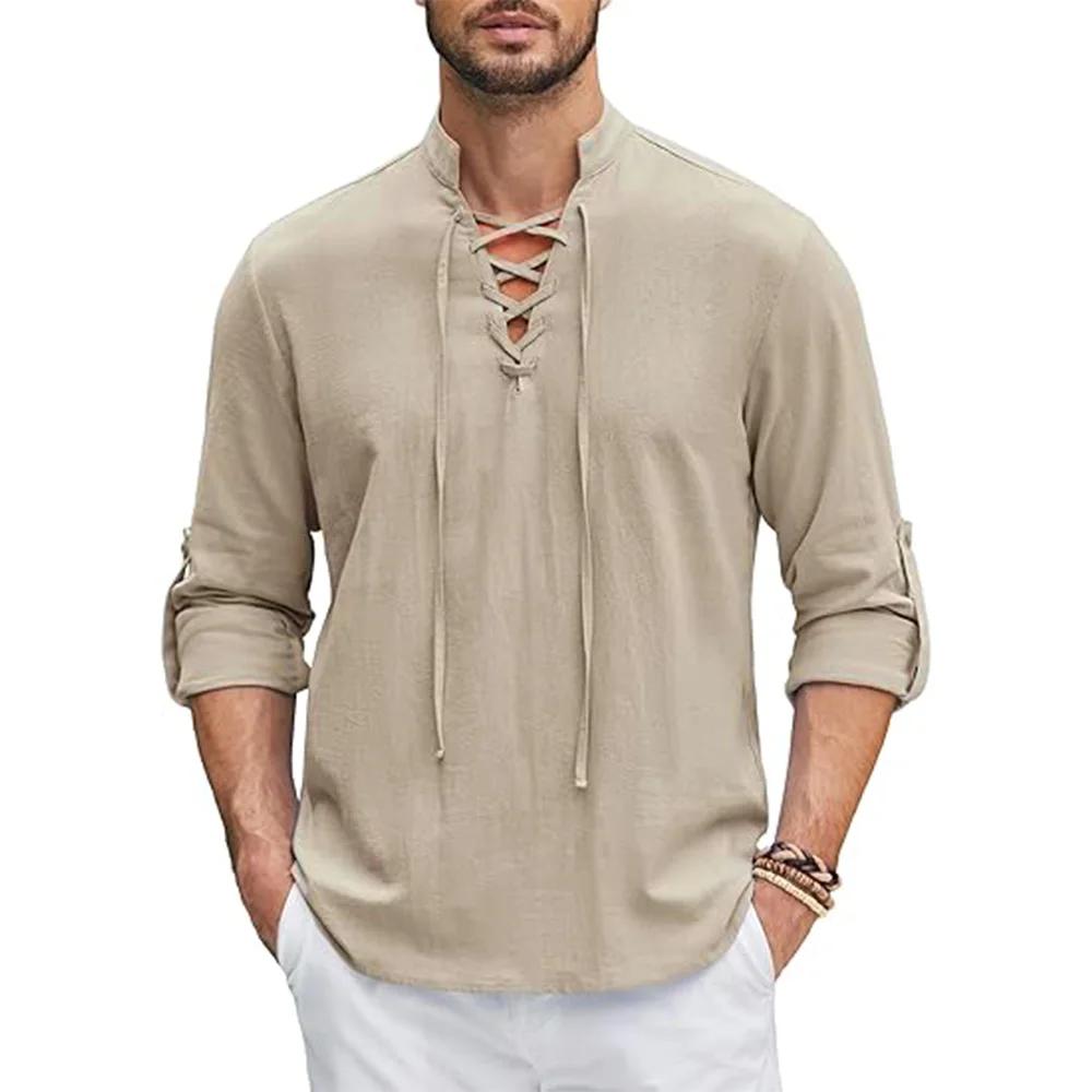 Chemise Renaissance pour hommes, haut Pirate Viking médiéval, chemises en coton et lin, manches long