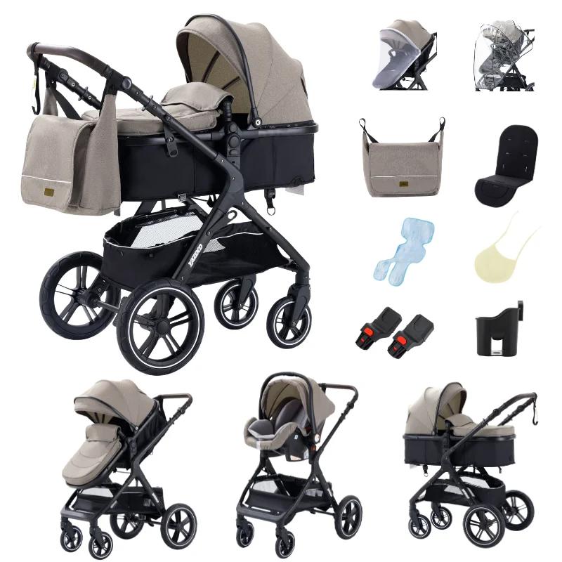Poussette multifonction 3 en 1 pour bébé avec landau pliable compact, poussette légère, siège auto e