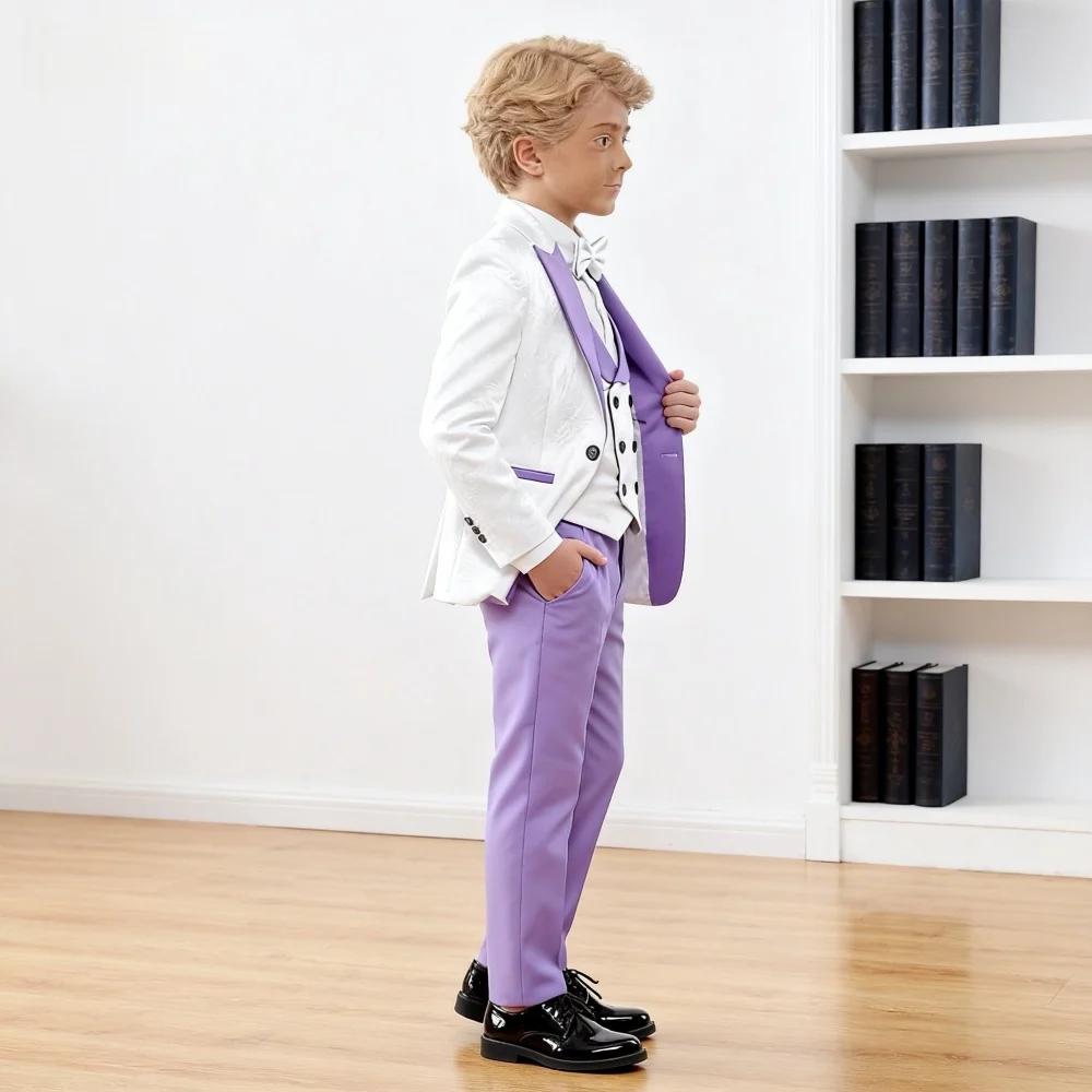 Vente chaude de luxe lilas blanc Jacquard garçons costume ensemble 4 pièces 3-14 ans coupe ajustée v