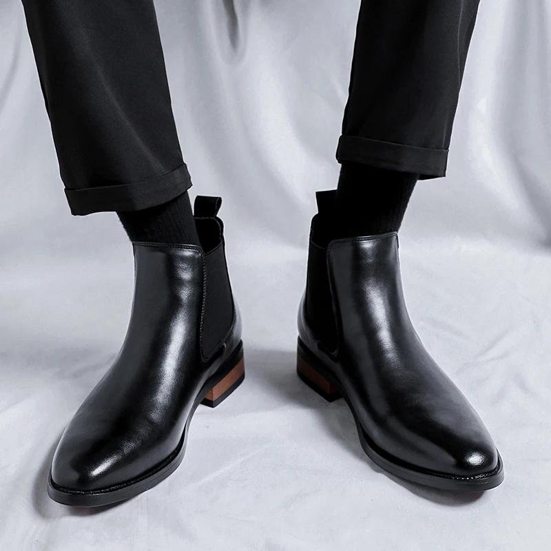 Bottes Chelsea pour hommes à bout pointu, chaussures en cuir polyvalentes à tige haute, style rétro 