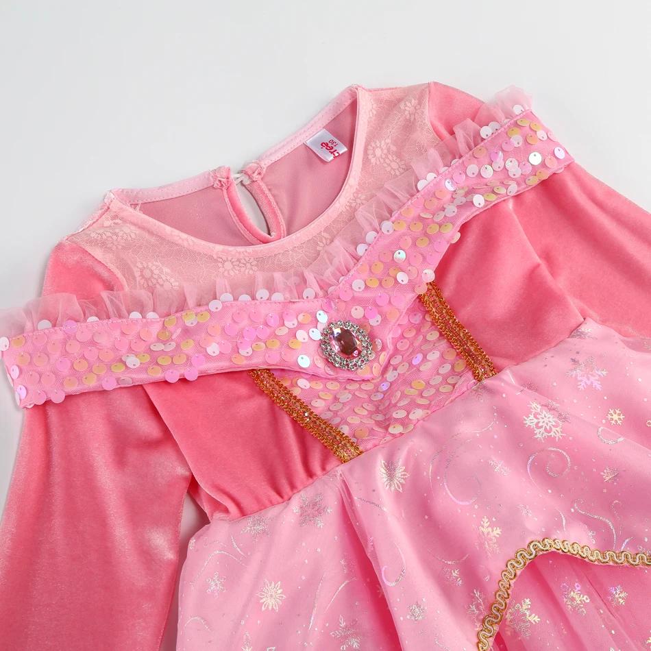 Robe de princesse Aurora pour filles, robe longue en tulle rose à paillettes, couronne, baguette mag