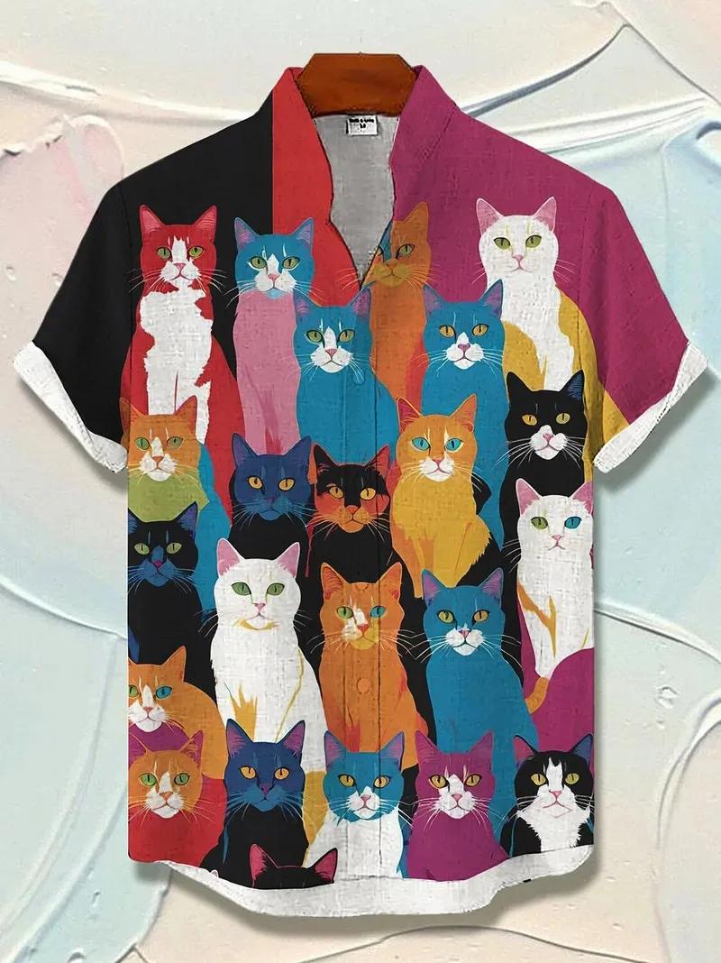 Chemises graphiques de chat pour hommes, chemise à manches courtes boutonnée à revers pour l'été, ha