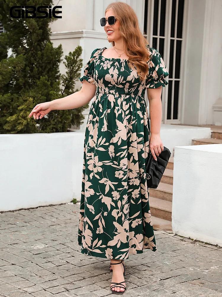 GIBSIE-Robe longue à manches bouffantes et col carré pour femme, maxi, imprimé floral, style bohème,