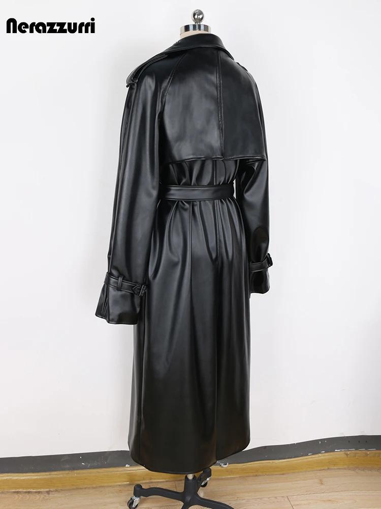 Nerazzurri-Manteau long en cuir PU pour homme, pardessus croisé, coupe-vent, imperméable, noir, cein