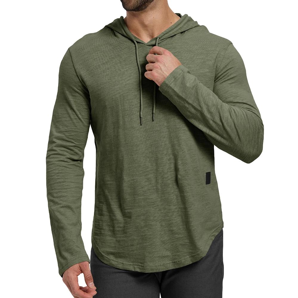 T-shirt à manches longues pour hommes, couleur unie, design à capuche, respirant, léger, avec cordon