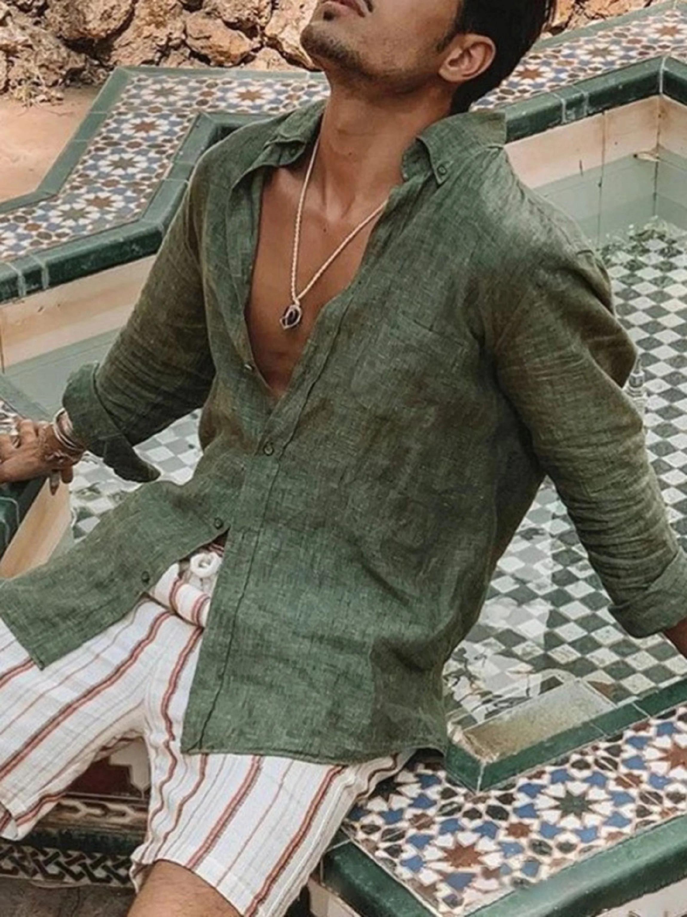 Chemise à Manches sulfpour Homme, Cardigan à Revers, Couleur Unie, Décontracté, Adapté aux Activités
