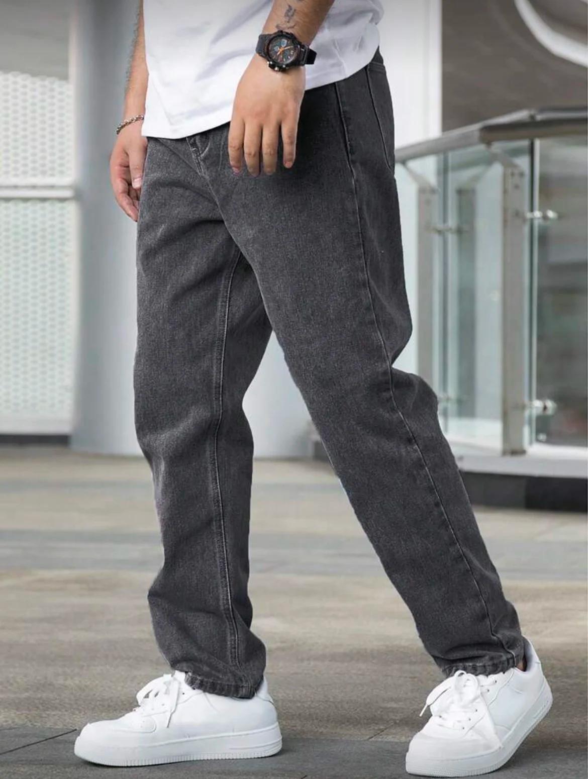 Jean droit ample pour hommes, délavé gris foncé Vintage, tenue quotidienne décontractée, confortable