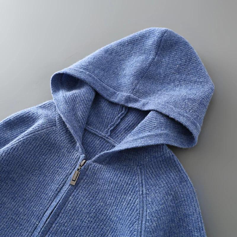 Cardigan à capuche classique pour hommes, tricoté avec aiguille Yuanbao, pull en laine australienne 