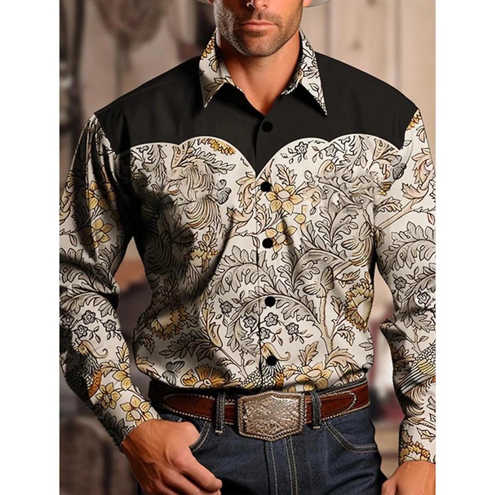 Chemise en jean occidentale Yellowstone pour hommes, motif patchwork bicolore, haut à boutons déroul