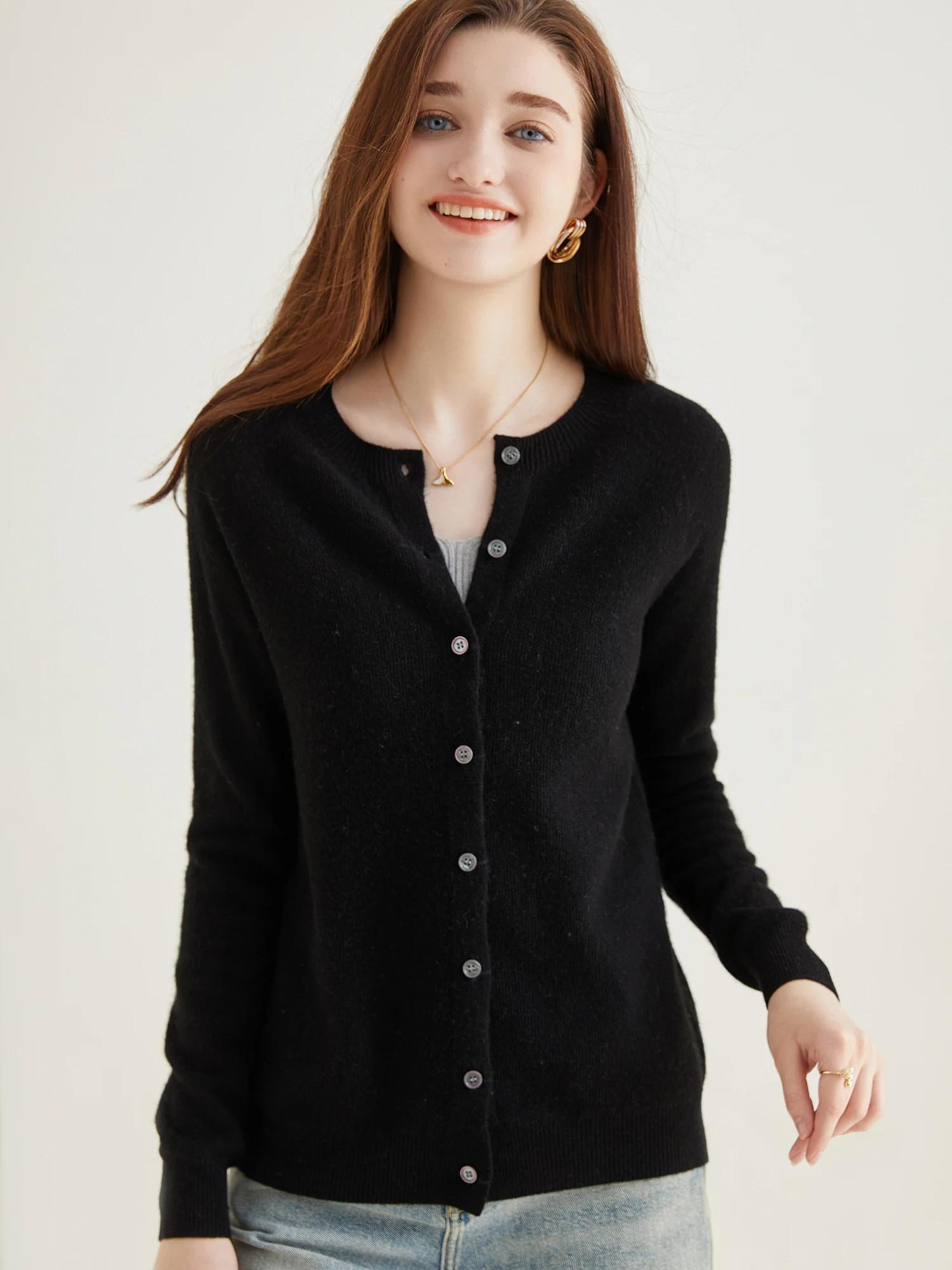 Cardigan en tricot pour femmes, pull à manches longues, haut 100% laine, manteau Vintage, veste en t