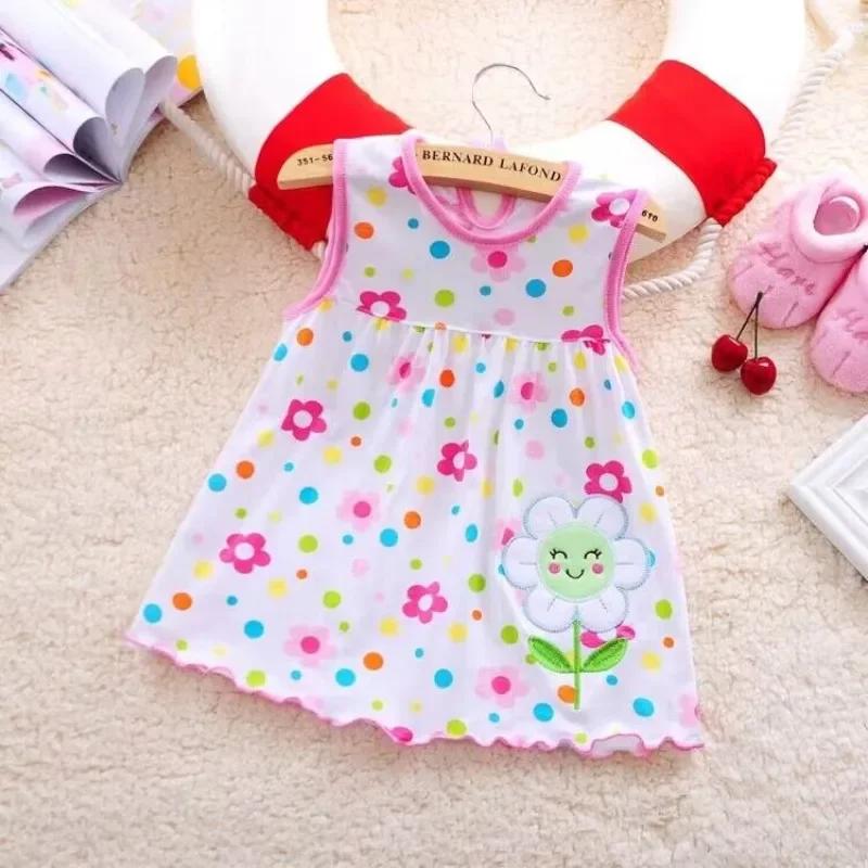Robes d'été pour bébés filles, en coton, sans manches, imprimé + broderie