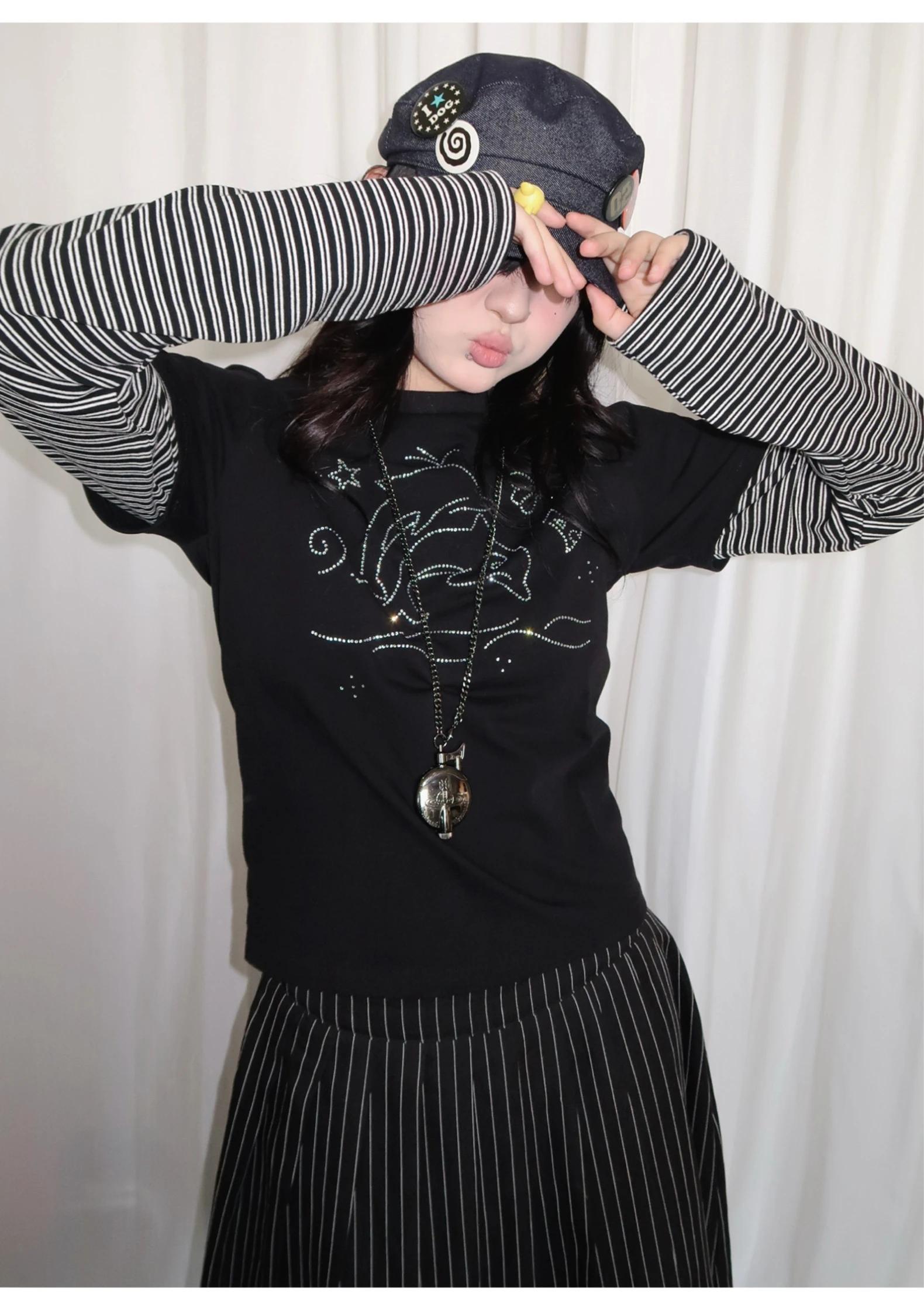 Tonngirl Y2k T-shirt Vintage femmes à manches longues Patchwork japonais années 2000 Grunge hauts St