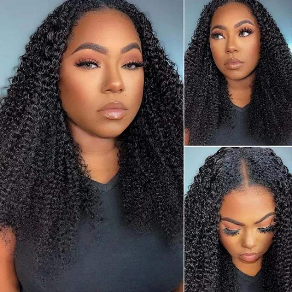 Kinky Curly V Part Perruque de cheveux humains pour femme, sans laisser de côté, partie fine, perruq