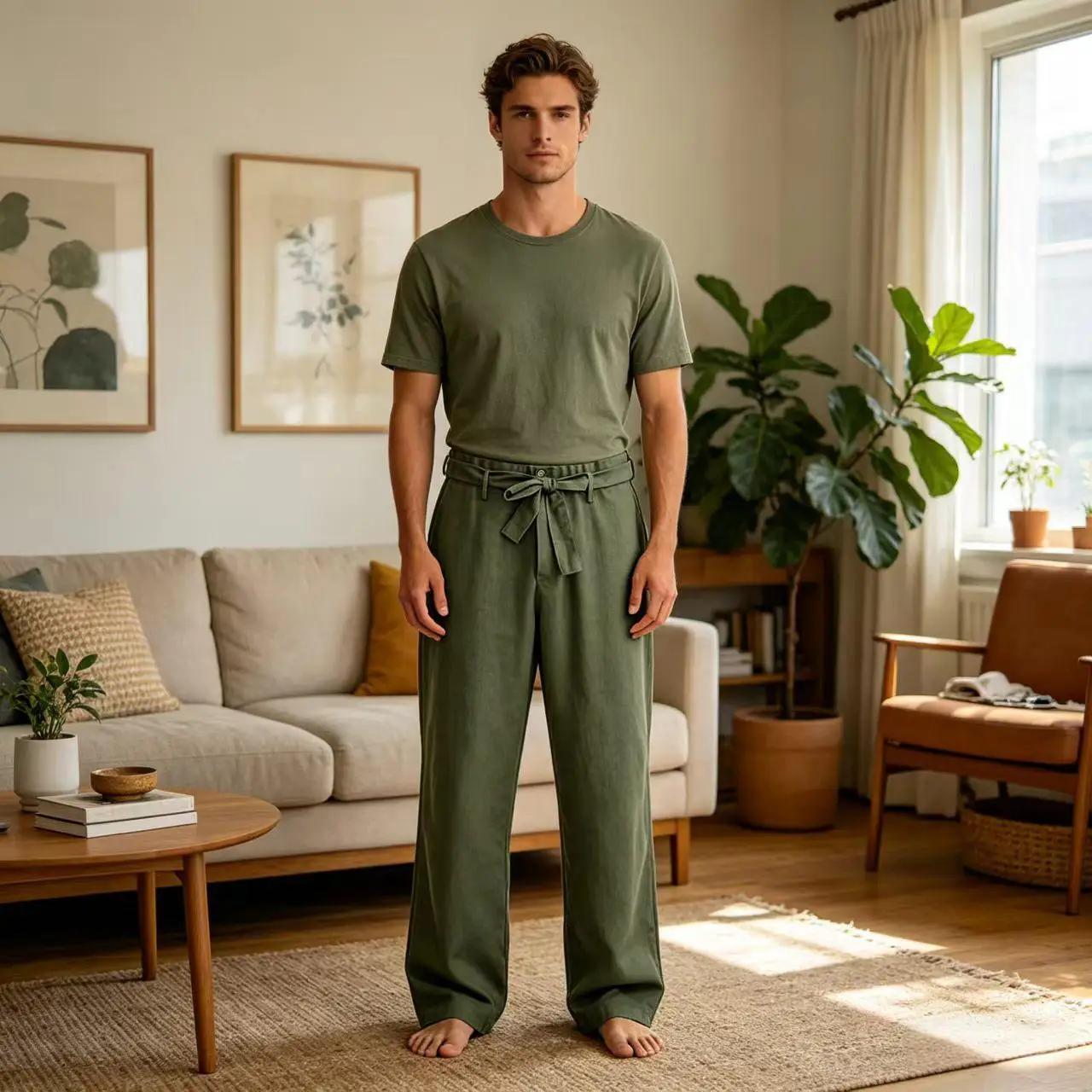 Pantalon décontracté vintage pour homme en mélange de lin à taille haute et jambe large, doux et res