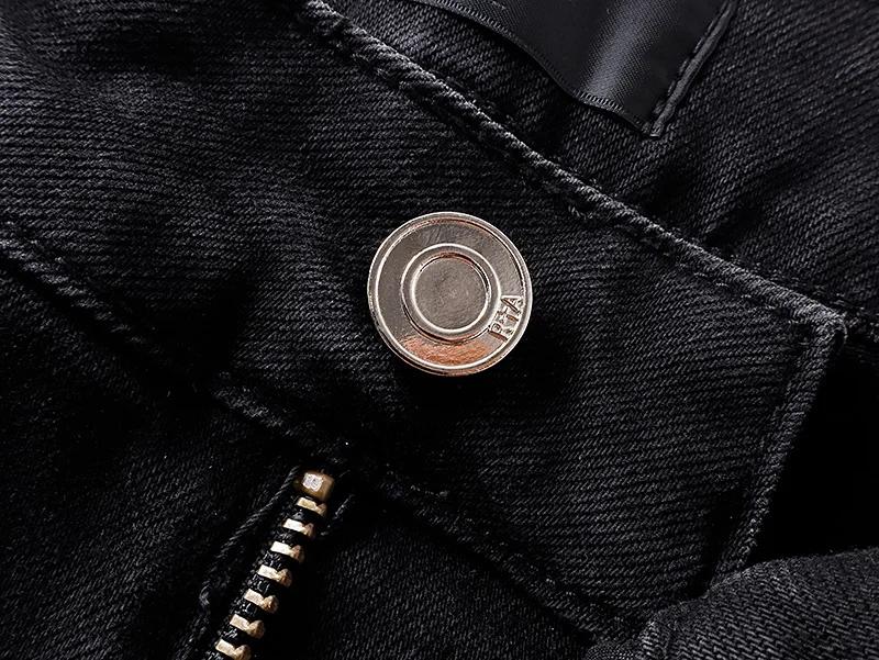 2025 nouveau trou de rayure détruit hommes haute rue coupe ajustée maigre noir clair broderie Denim 